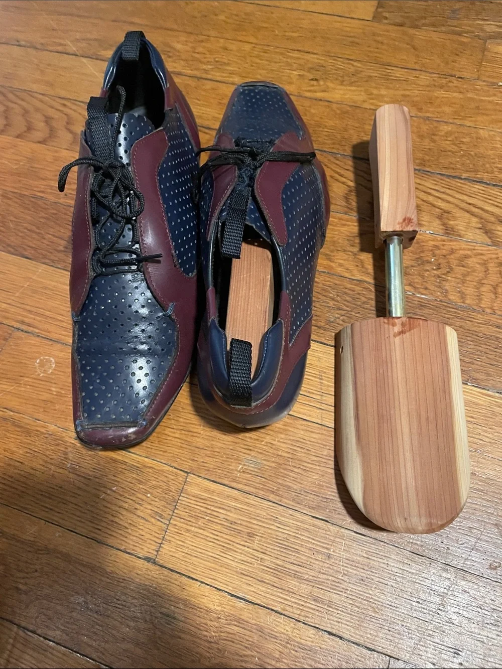 Prada Navy and Burgundy Perforated Leather Oxfords